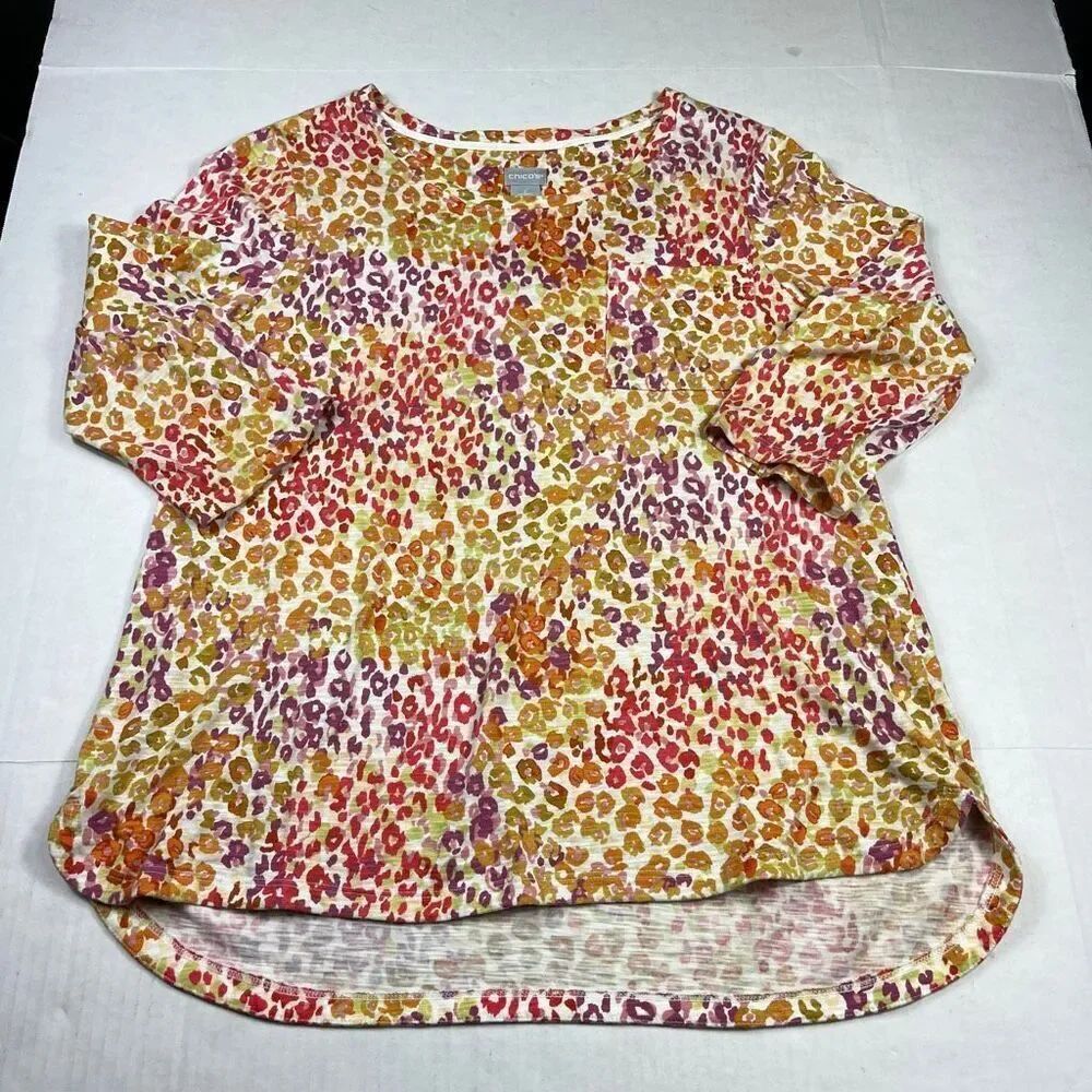 Chicos Shirt Colorful Abstract Print Knit Top Artsy 3/4 Sleeve Boho Everyday 2 L